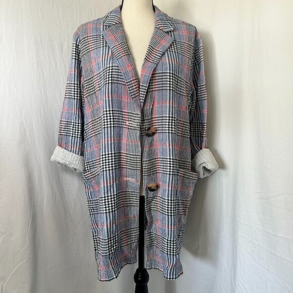 NWT J Jill Barley Relaxed Multi Blue Plaid Cotton Seersucker Boyfriend Blazer M - Picture 2 of 16